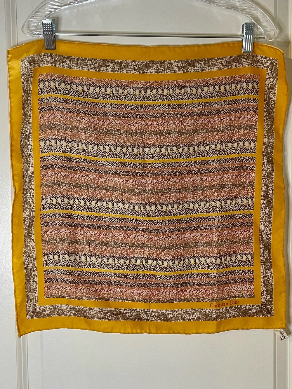 Christian Dior Silk Scarf in Gold with Multicolor Pattern 19x19